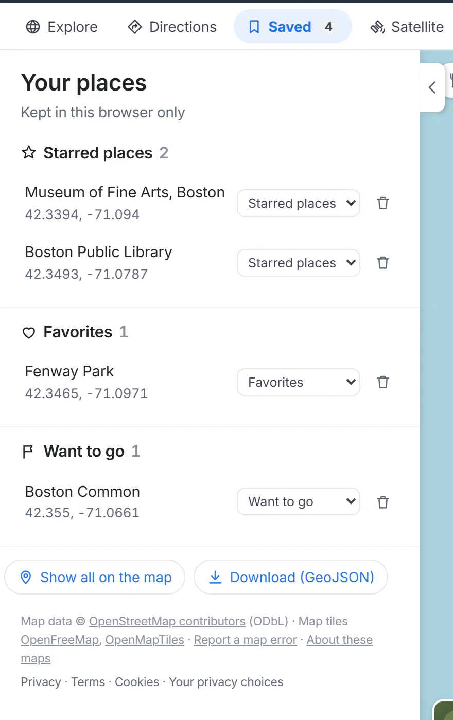The Saved page listing four places in three lists (Starred places, Favorites, Want to go), each with a list menu and a trash button, and below them Show all on the map and Download (GeoJSON); the ribbon shows a count of 4 beside Saved