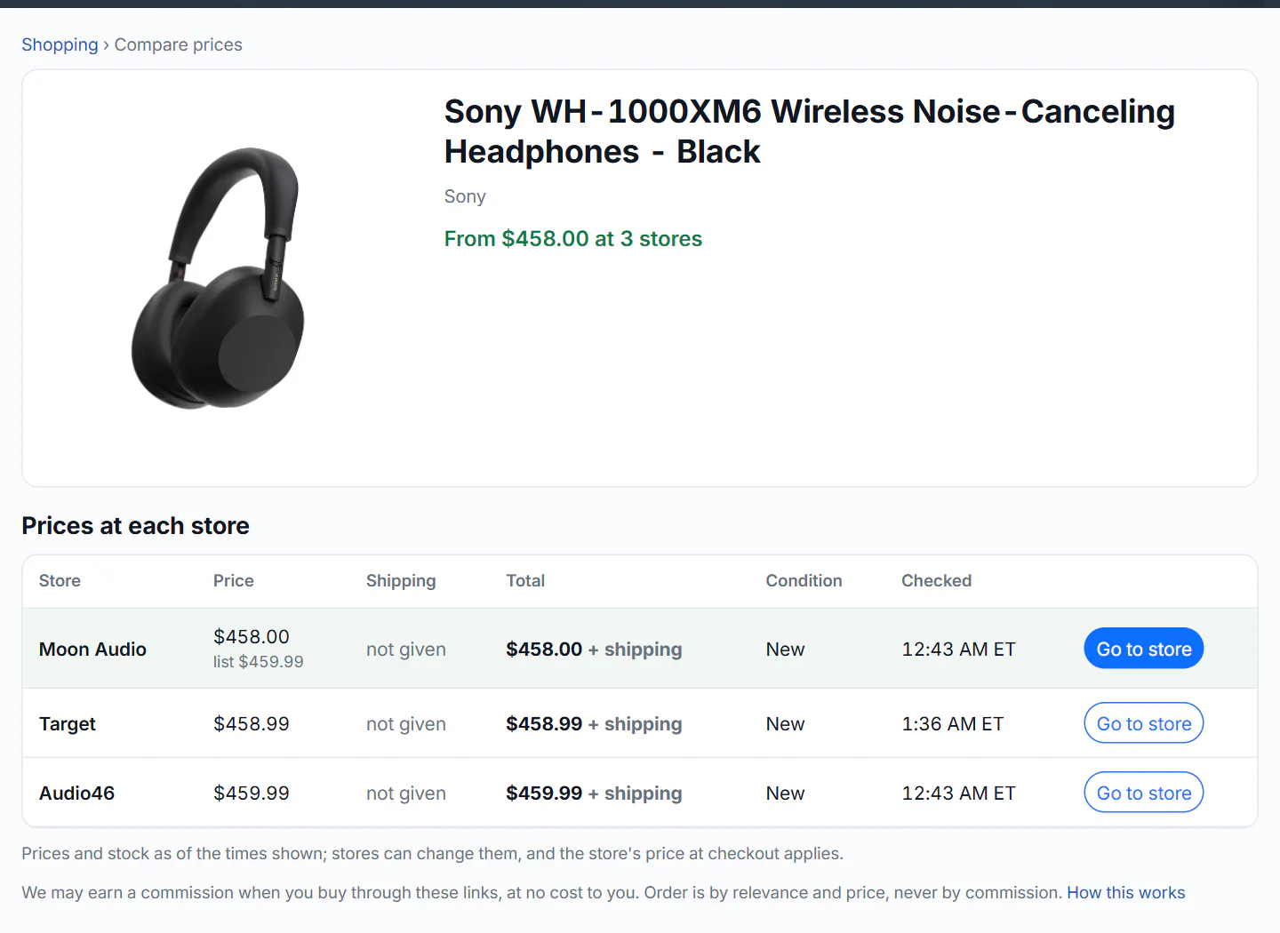 A product page: the product photo, its title and brand, a line saying From a price at a number of stores, and a table Prices at each store with price, shipping, total, condition, when it was checked and a Go to store button on each row