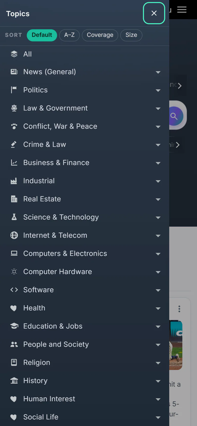 The Topics menu opened on a phone: a panel with a close button, the Sort buttons, and the list of topics with arrows