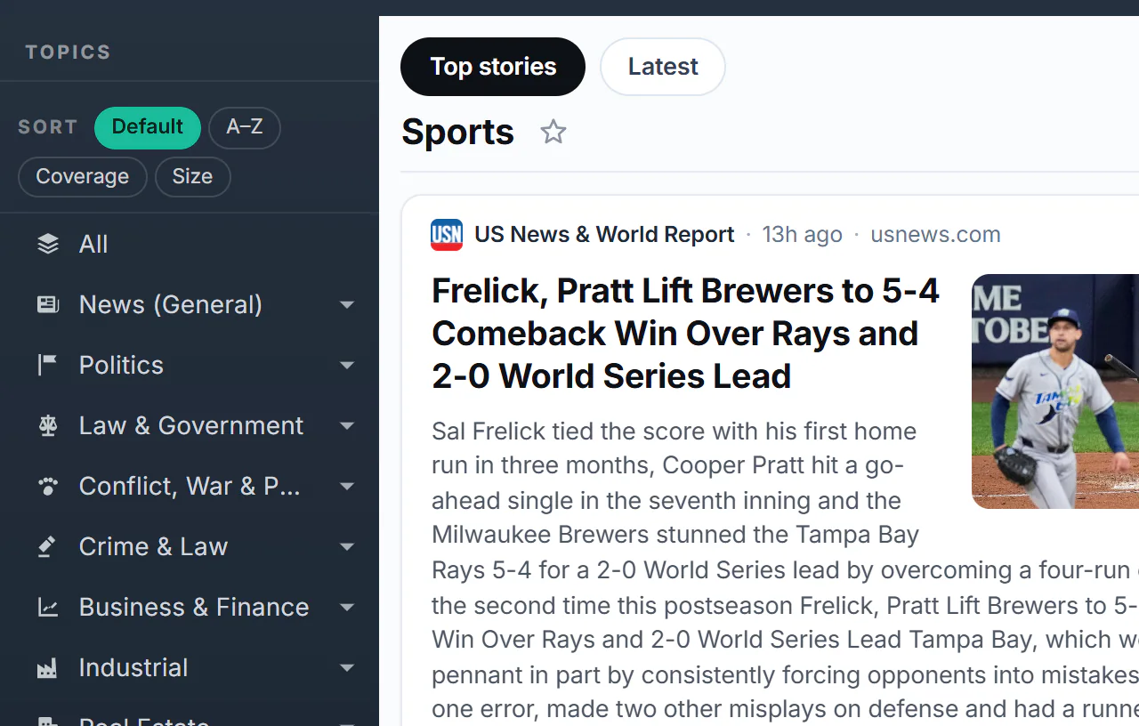 The Topics list on the left of the home page: the Sort buttons, the All row, and topic rows with arrows that open their subtopics